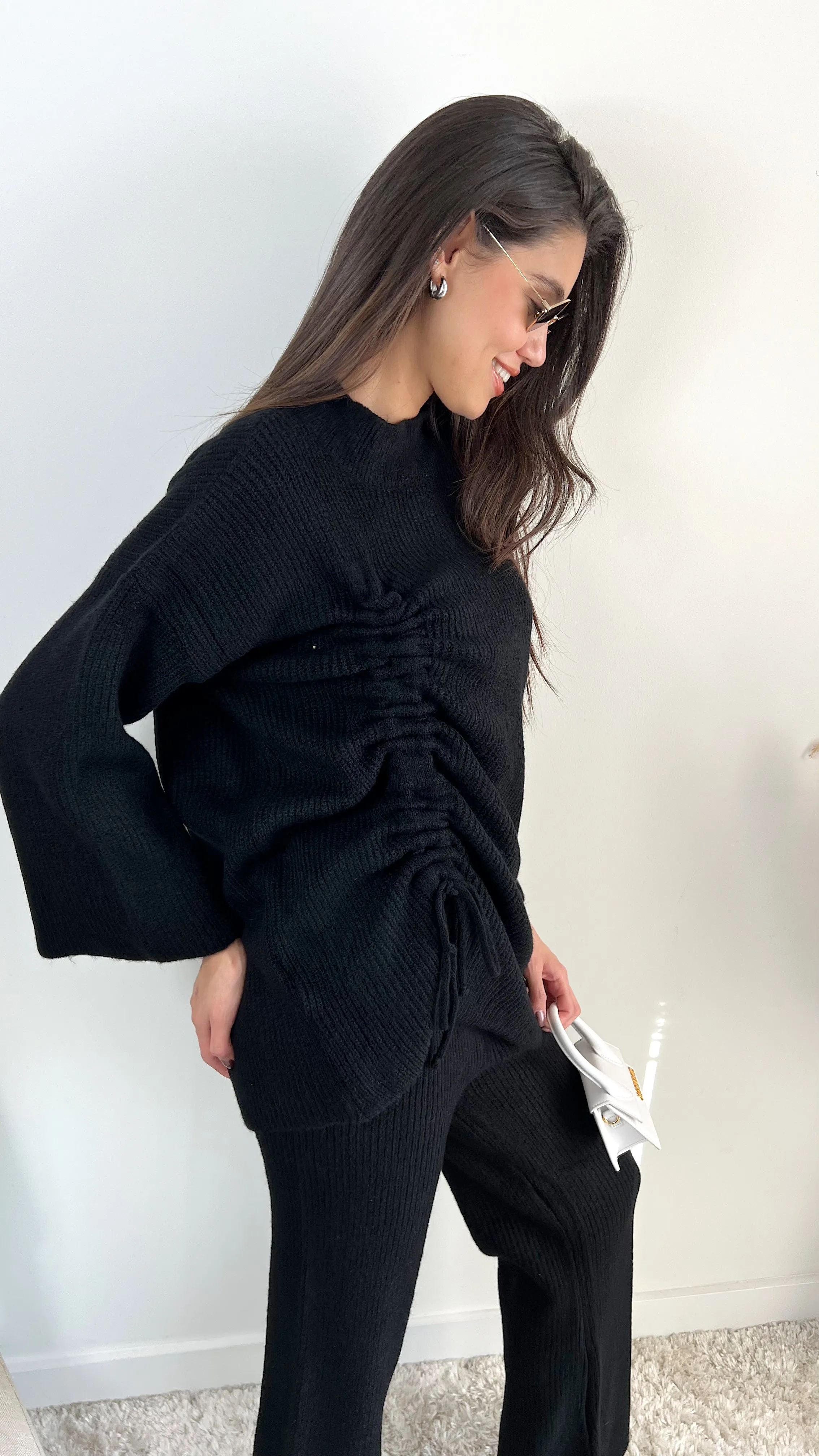 Knitted Co Ord set with Lacing Jumper and wide leg trousers in Black