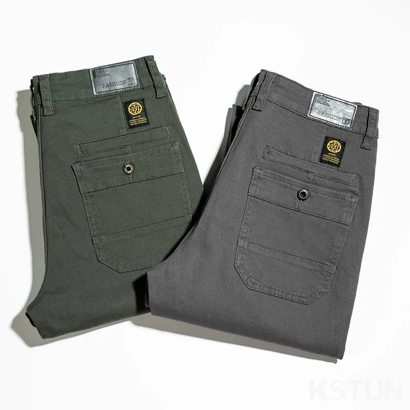 KSTUN Men Fashion Green Pants Straight Cut Men's Luxury Clothing Stretch Full Length Mens Trousers Gray Male Pants Large Size 40
