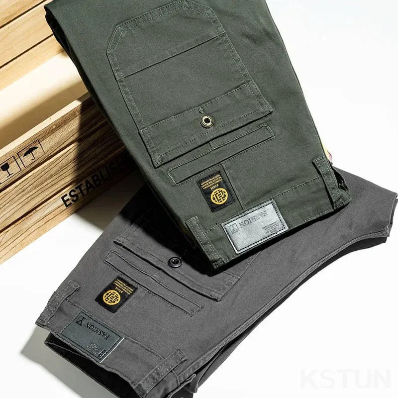 KSTUN Men Fashion Green Pants Straight Cut Men's Luxury Clothing Stretch Full Length Mens Trousers Gray Male Pants Large Size 40