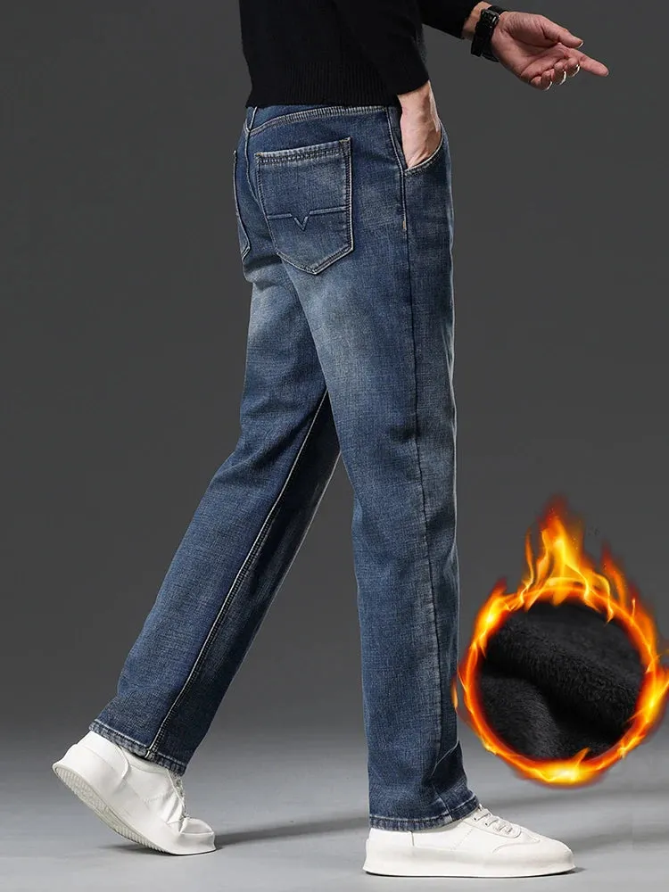 KSTUN Warm Jeans Men Straight Cut Fleece Denim Pants Stretch Winter Trousers Thicken 2024 Men's Clothing Business Casual Homme