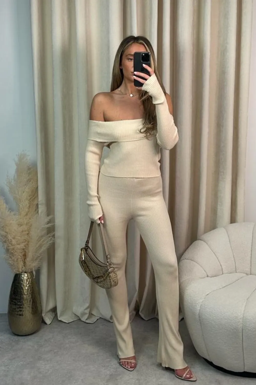 Maddison cream off the shoulder rib knit top and trousers co-ord