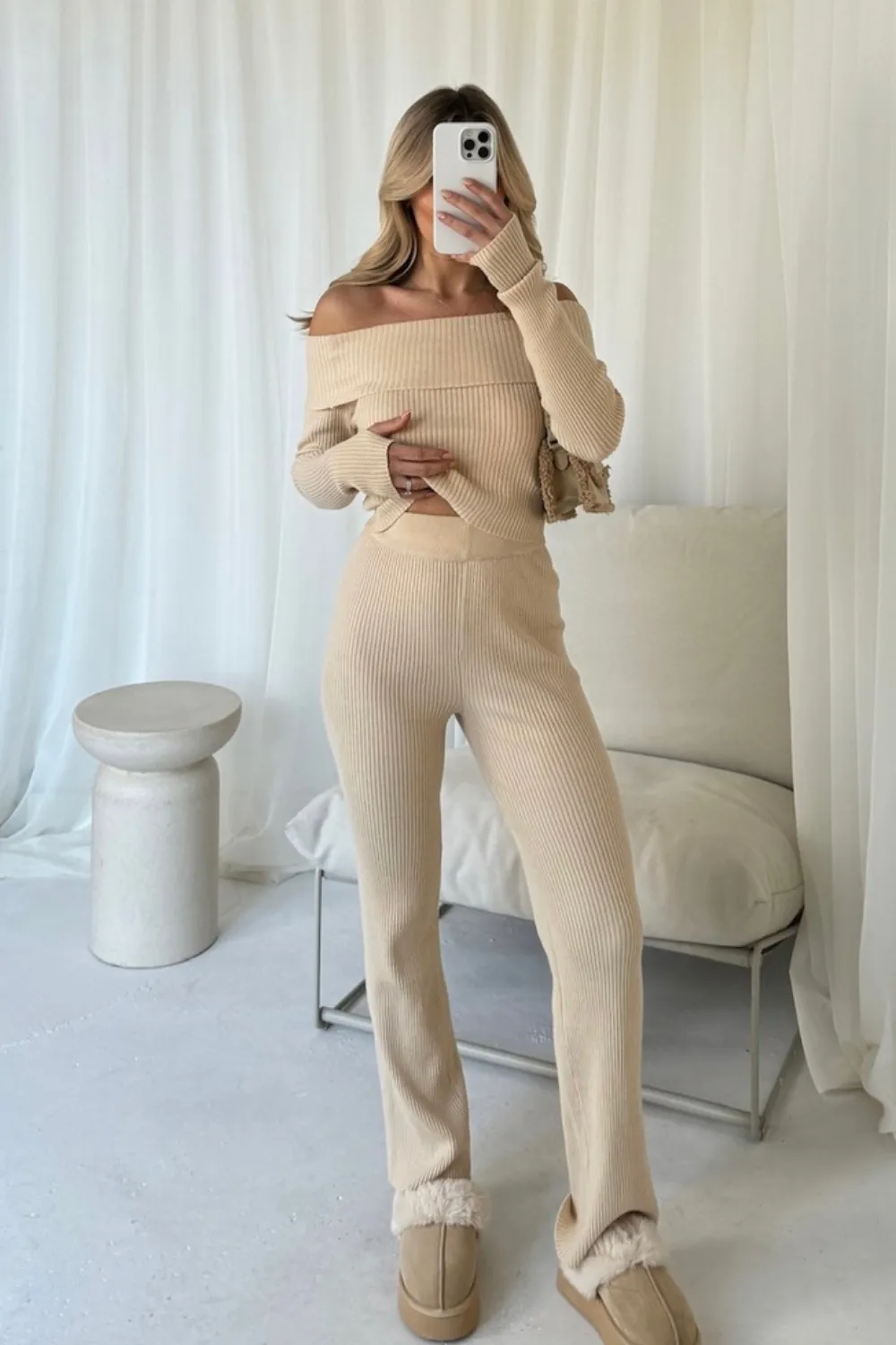 Maddison cream off the shoulder rib knit top and trousers co-ord