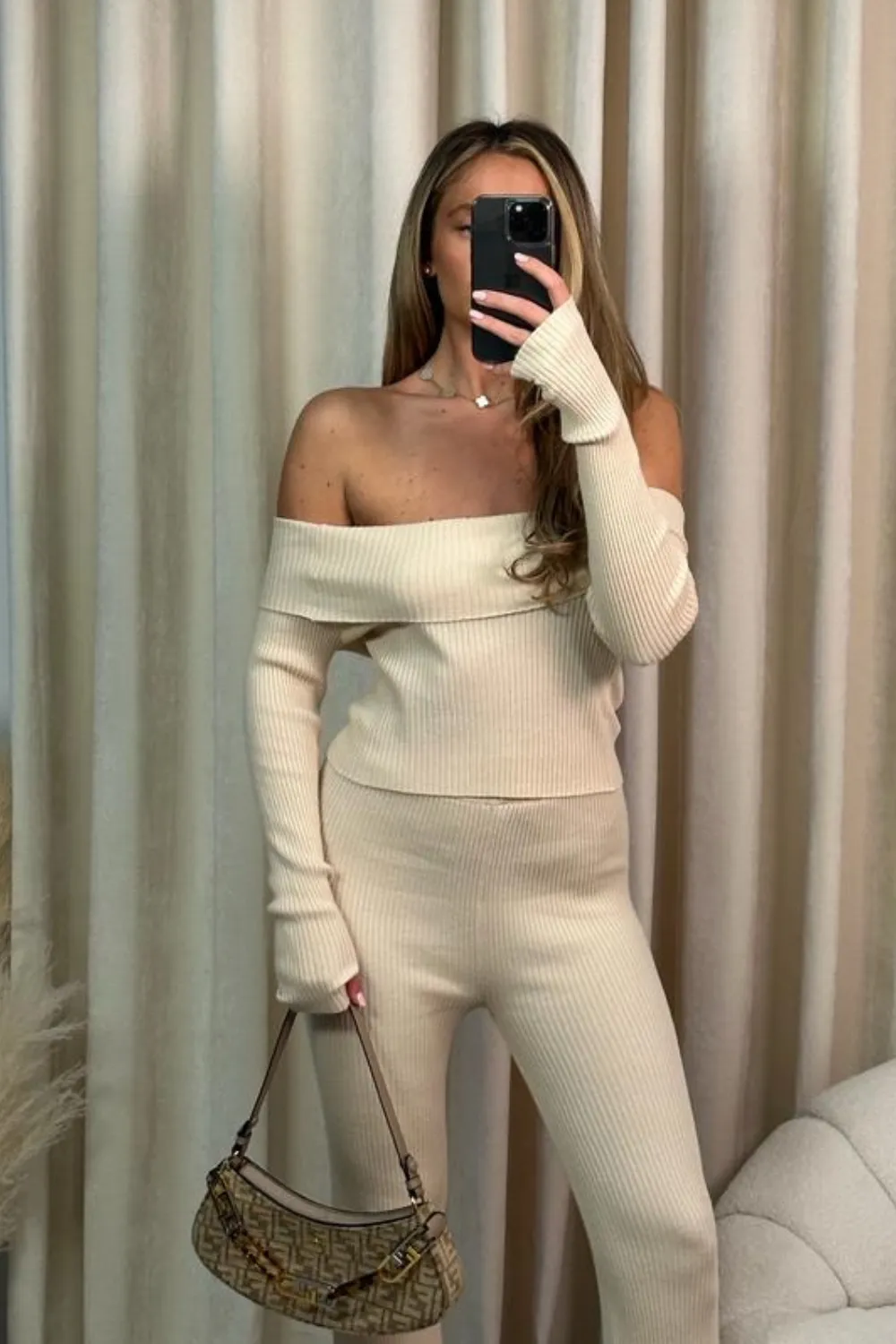 Maddison cream off the shoulder rib knit top and trousers co-ord