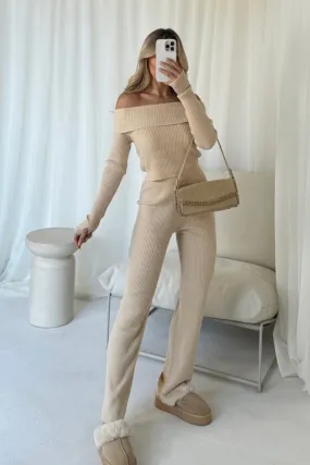 Maddison cream off the shoulder rib knit top and trousers co-ord