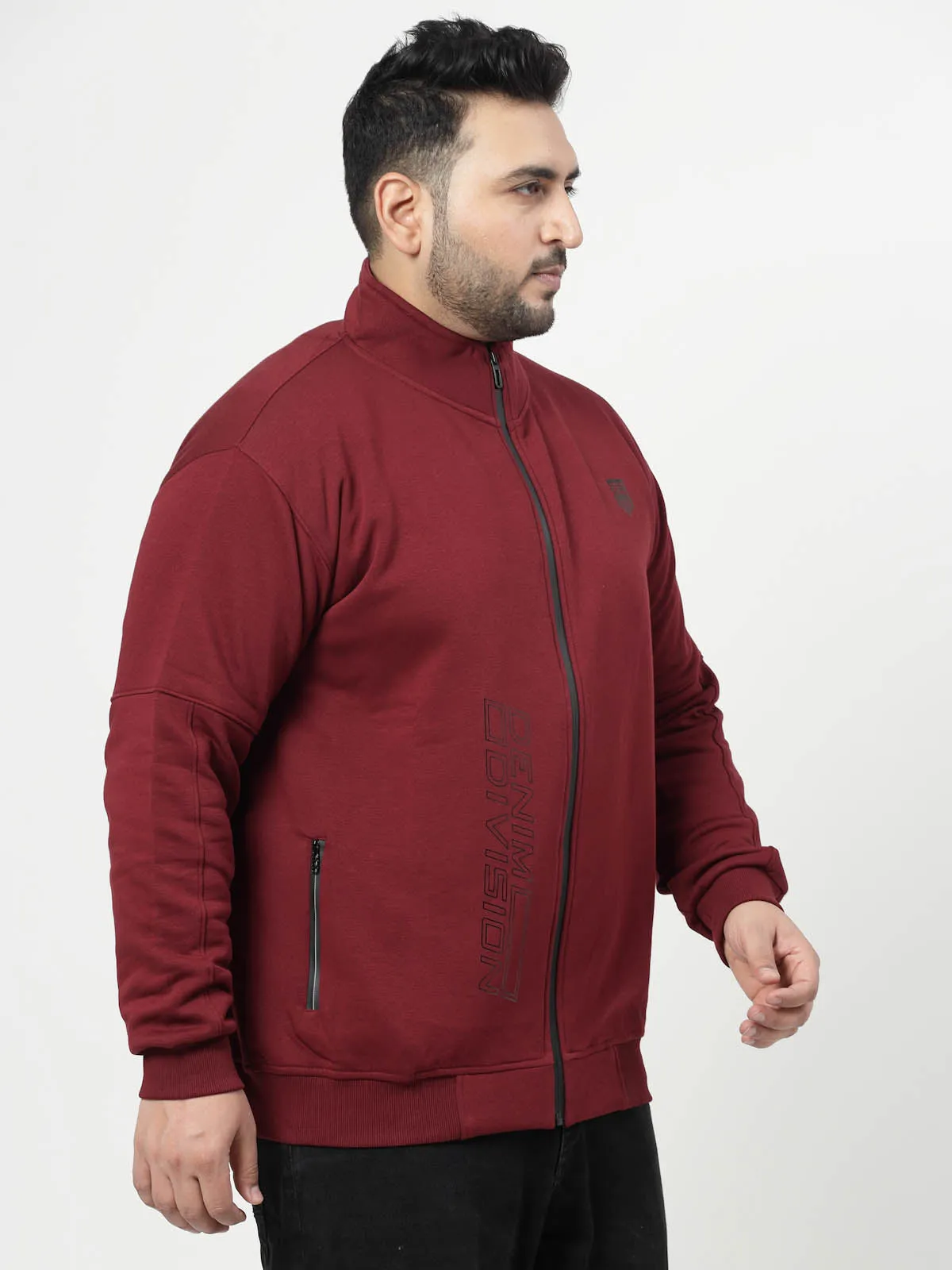 Maroon Typography Printed Mock Collar Cotton Front Open Sweatshirt