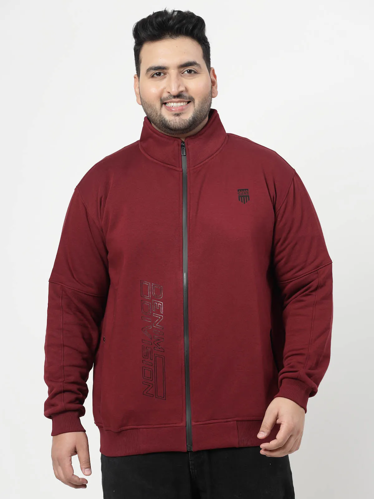 Maroon Typography Printed Mock Collar Cotton Front Open Sweatshirt