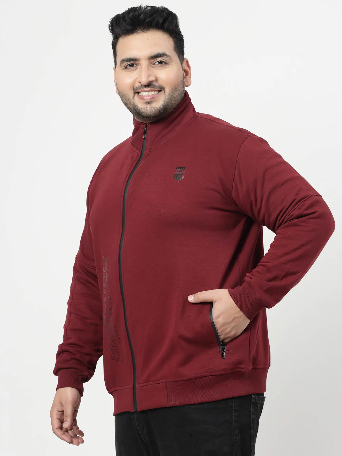 Maroon Typography Printed Mock Collar Cotton Front Open Sweatshirt