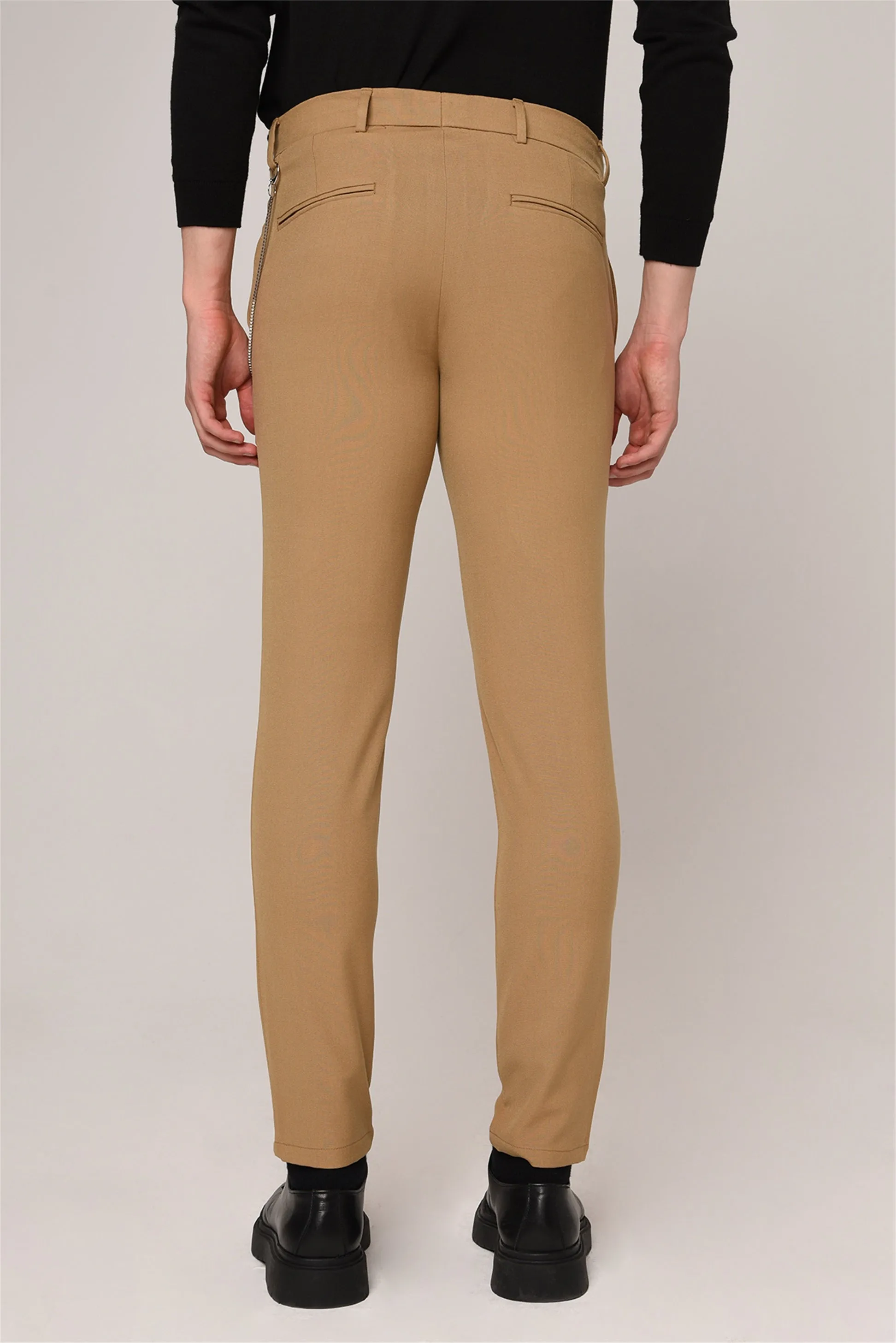 Men's Light Camel Slim Fit Straight Accessory Fabric Trousers - Wessi