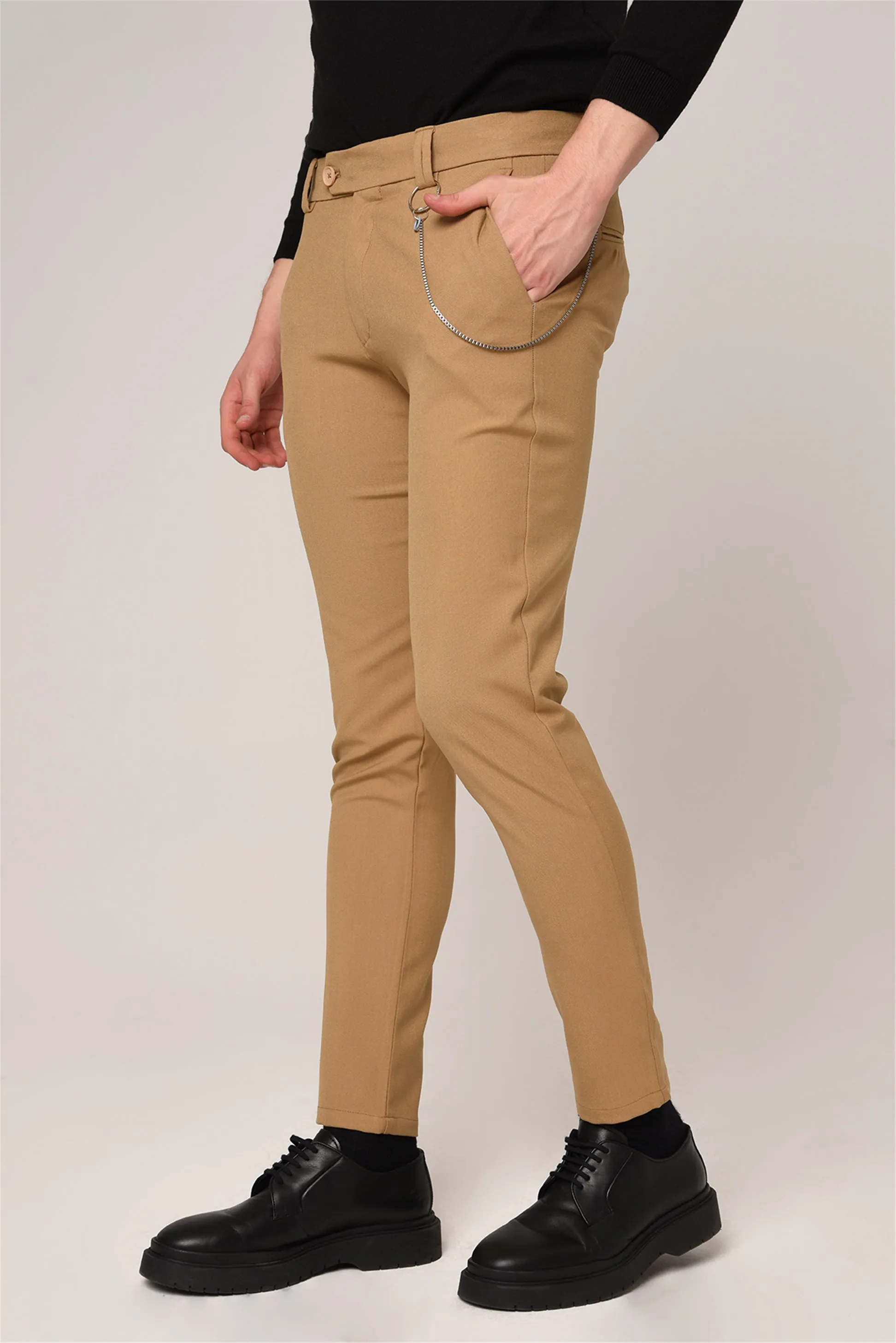 Men's Light Camel Slim Fit Straight Accessory Fabric Trousers - Wessi