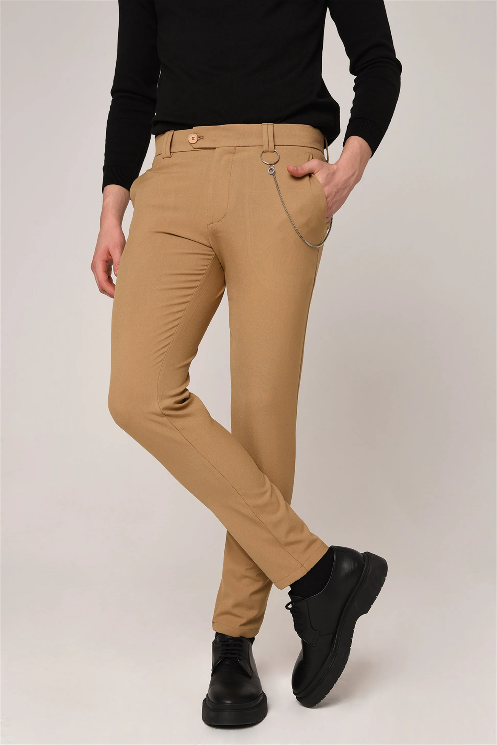 Men's Light Camel Slim Fit Straight Accessory Fabric Trousers - Wessi