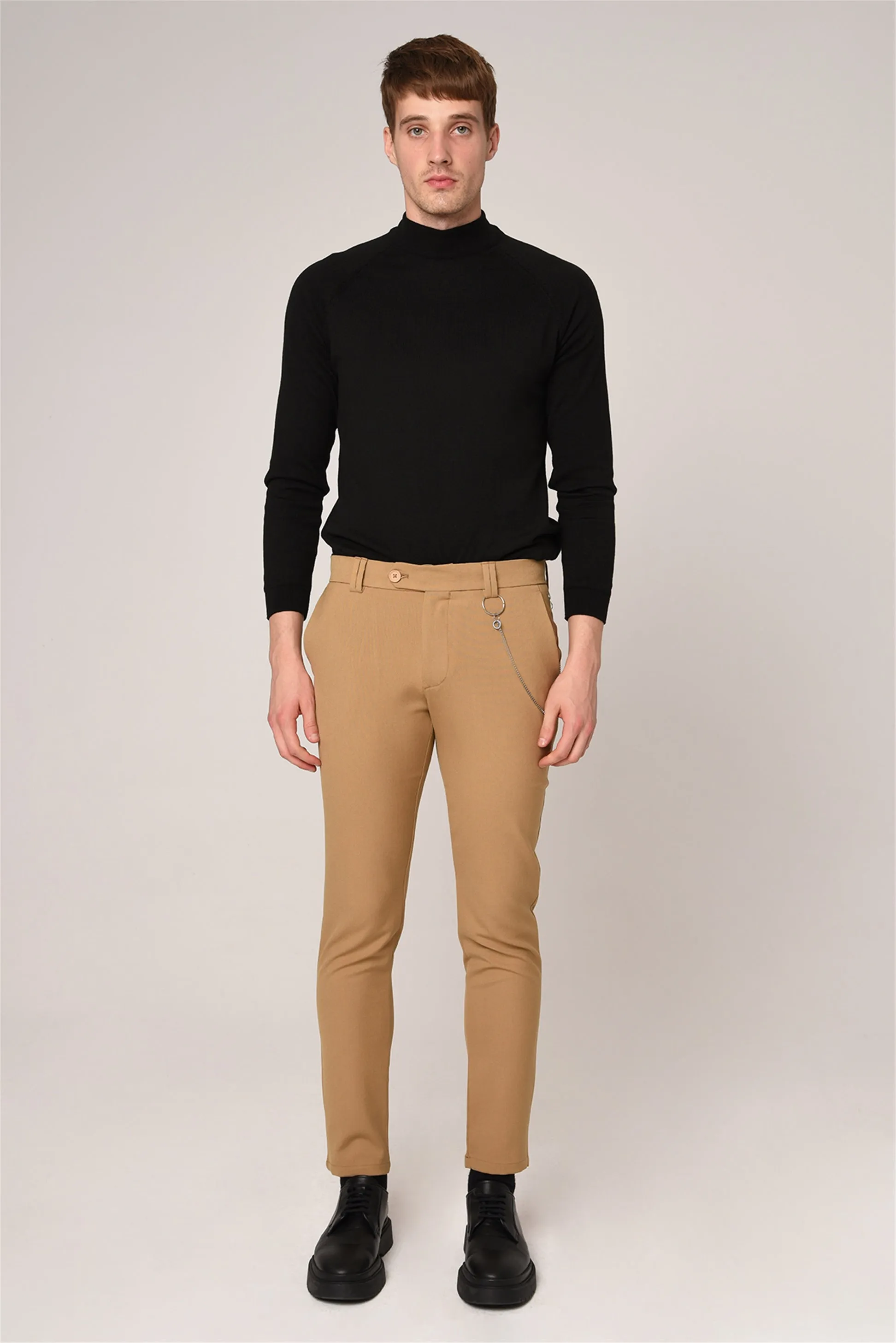 Men's Light Camel Slim Fit Straight Accessory Fabric Trousers - Wessi