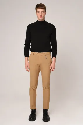 Men's Light Camel Slim Fit Straight Accessory Fabric Trousers - Wessi
