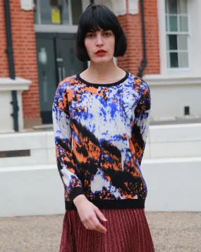 Multi color print brushed mohair knitted jumper (Orange)
