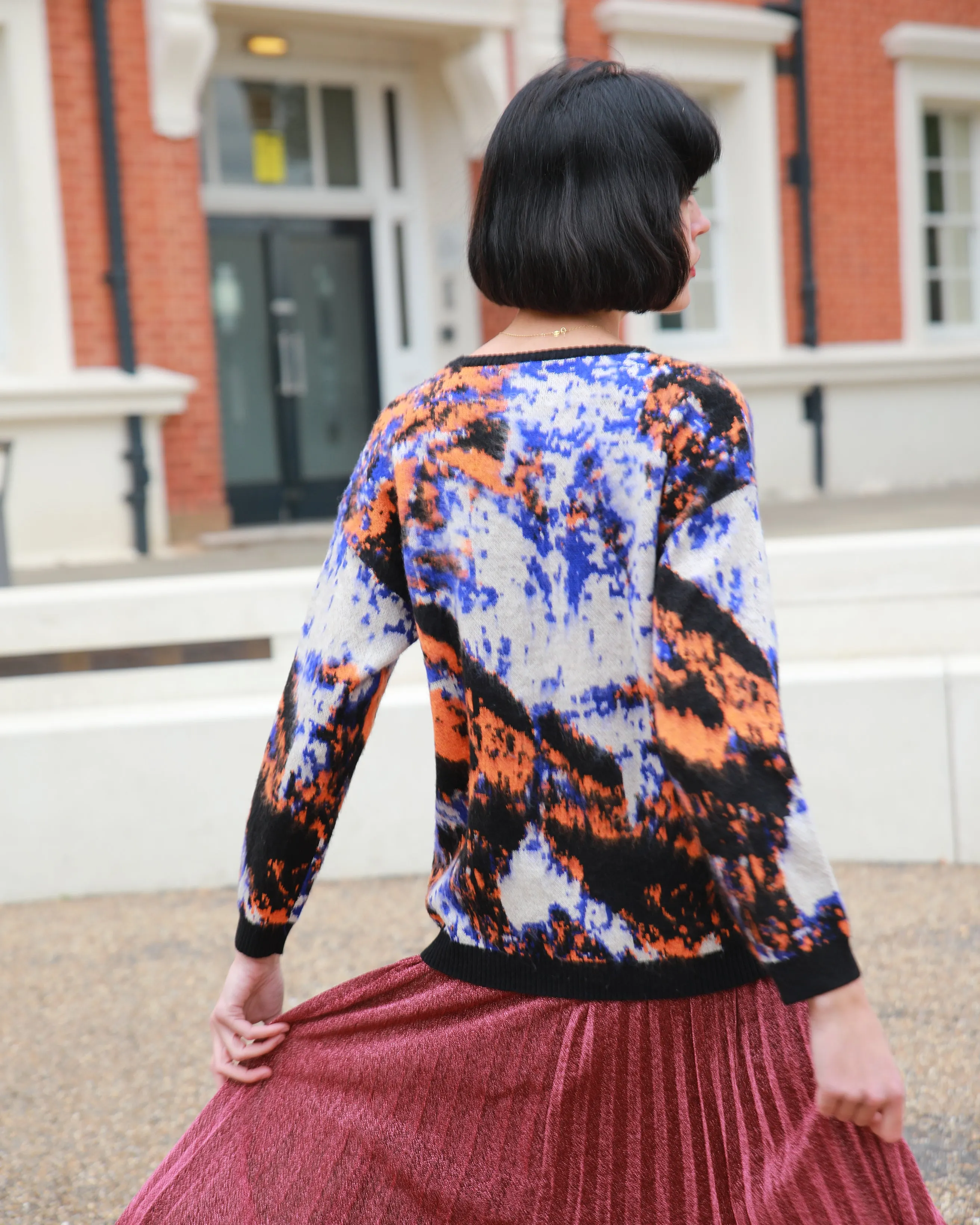 Multi color print brushed mohair knitted jumper (Orange)