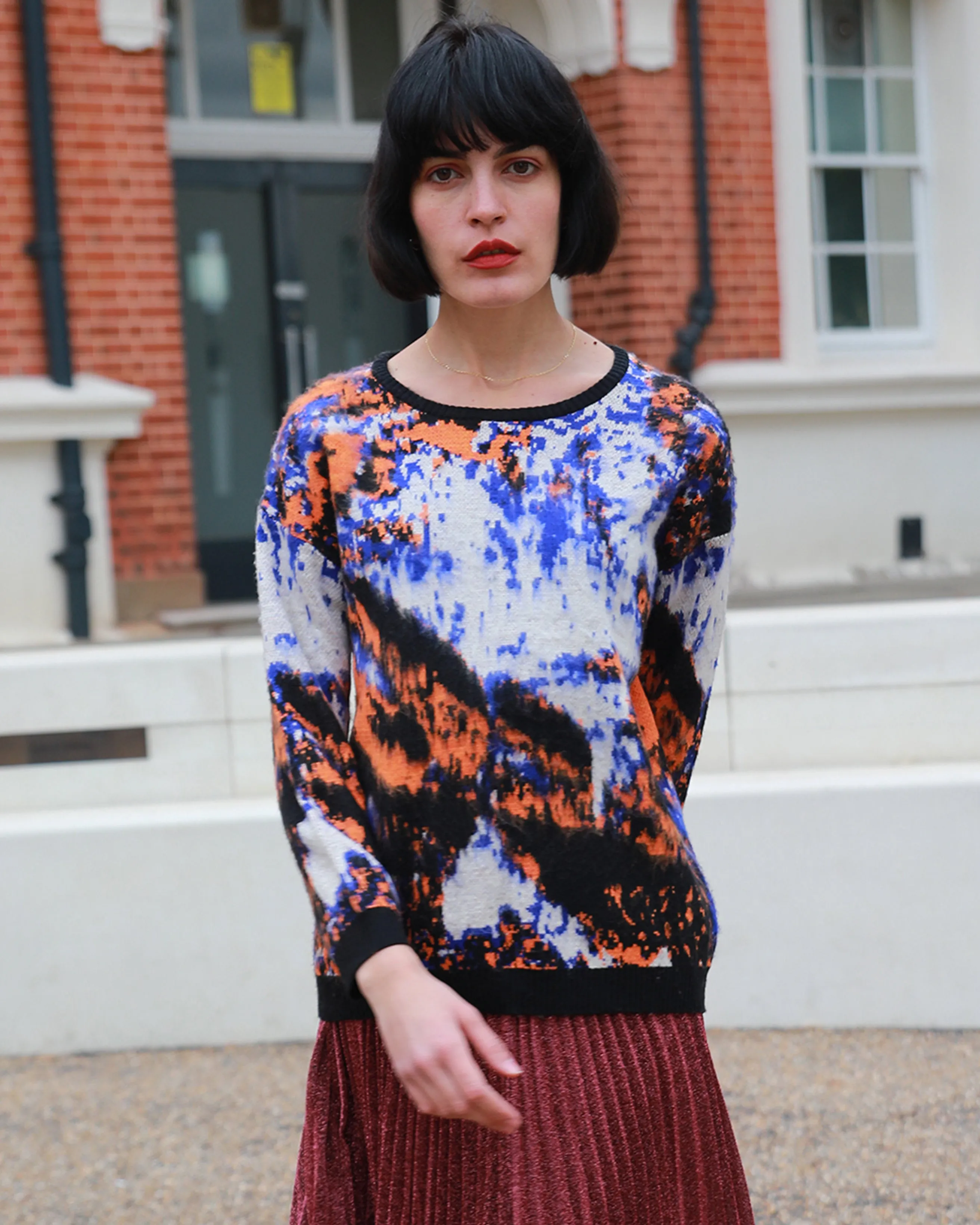 Multi color print brushed mohair knitted jumper (Orange)