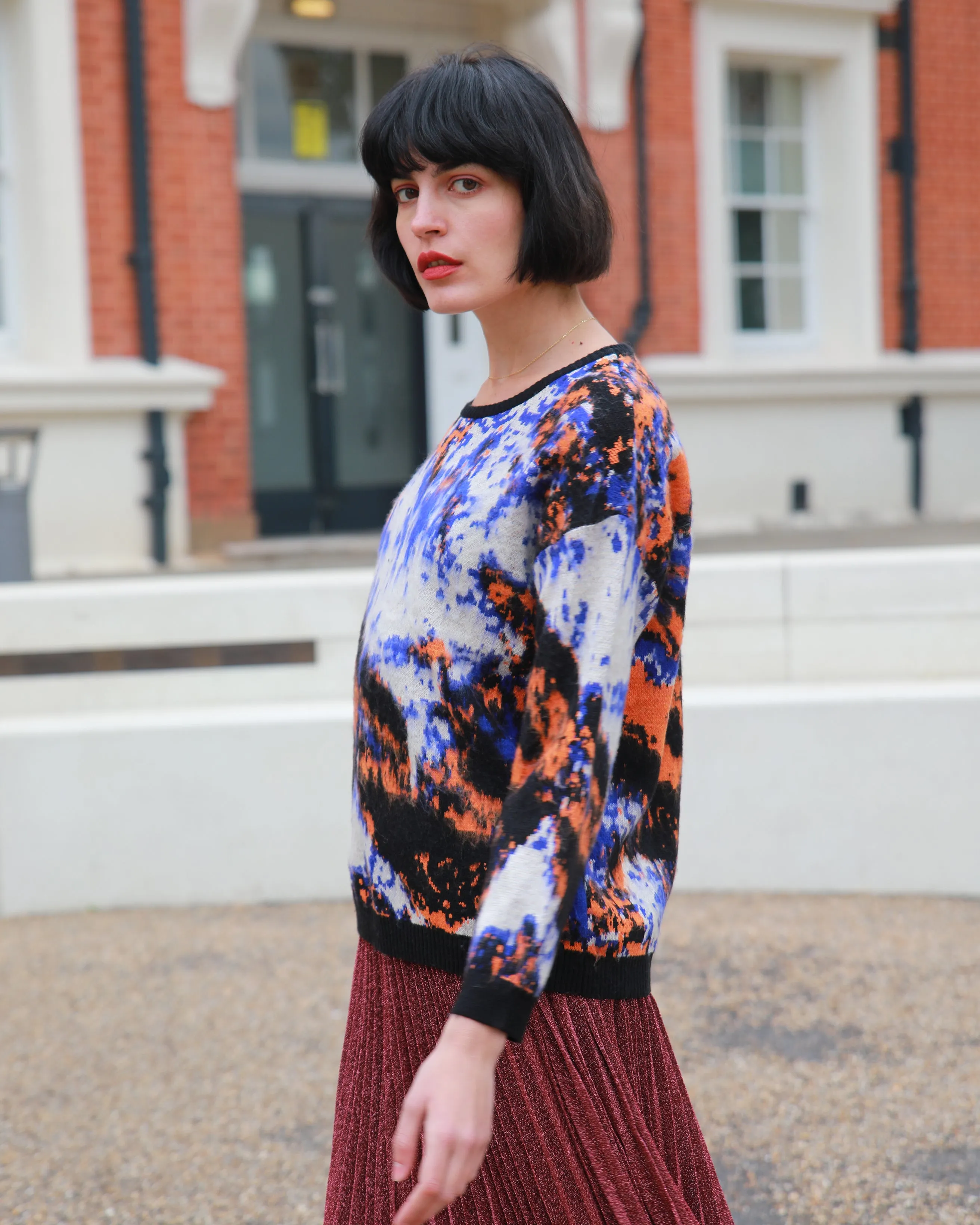 Multi color print brushed mohair knitted jumper (Orange)