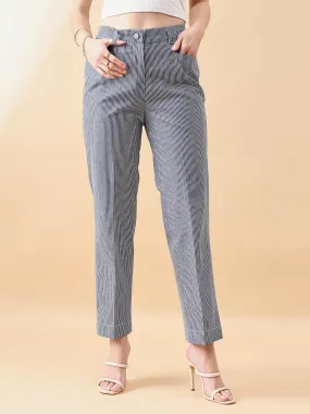 Navy Blue & White Polyester Denim Strip Straight Trouser