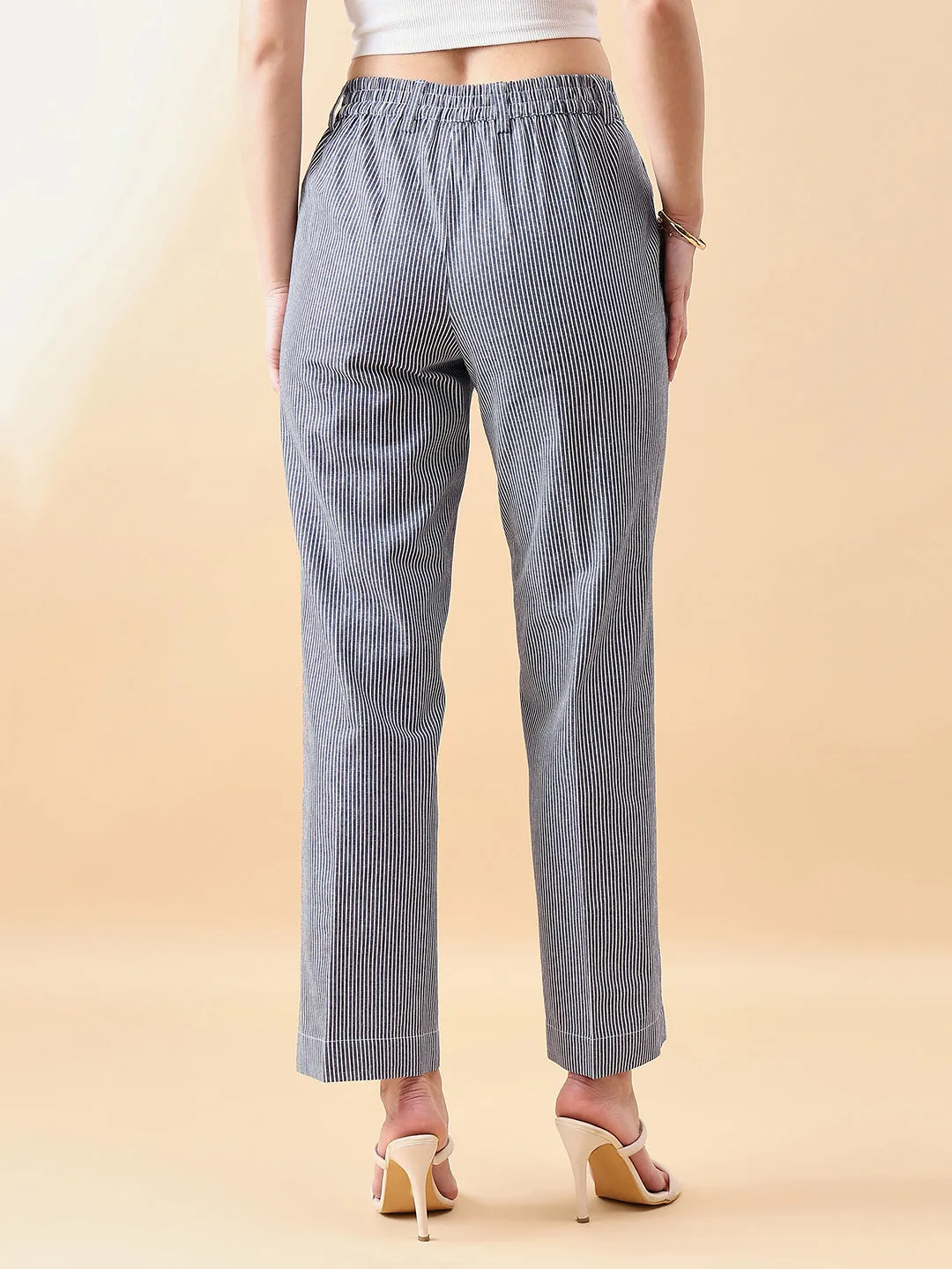 Navy Blue & White Polyester Denim Strip Straight Trouser