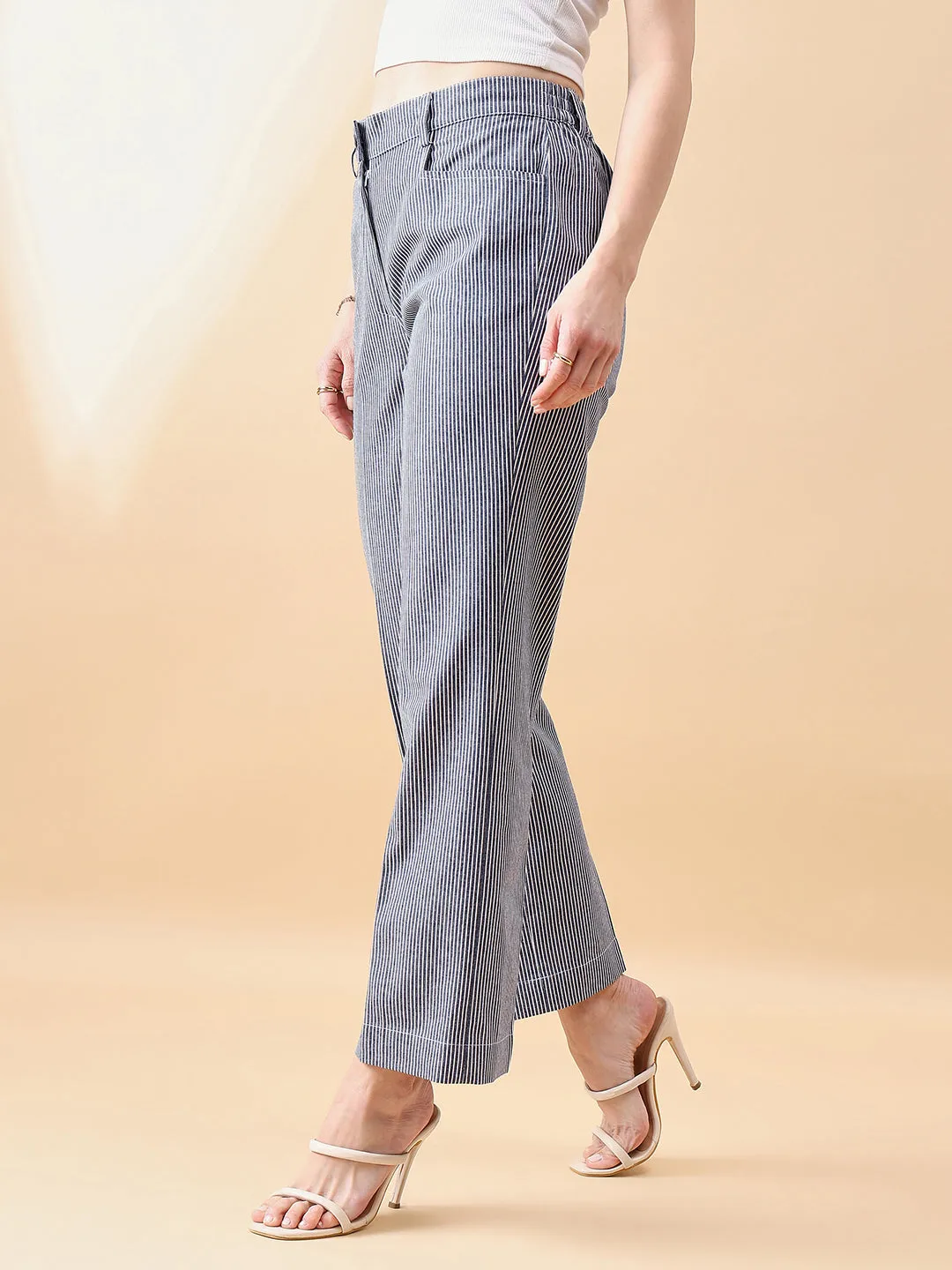 Navy Blue & White Polyester Denim Strip Straight Trouser