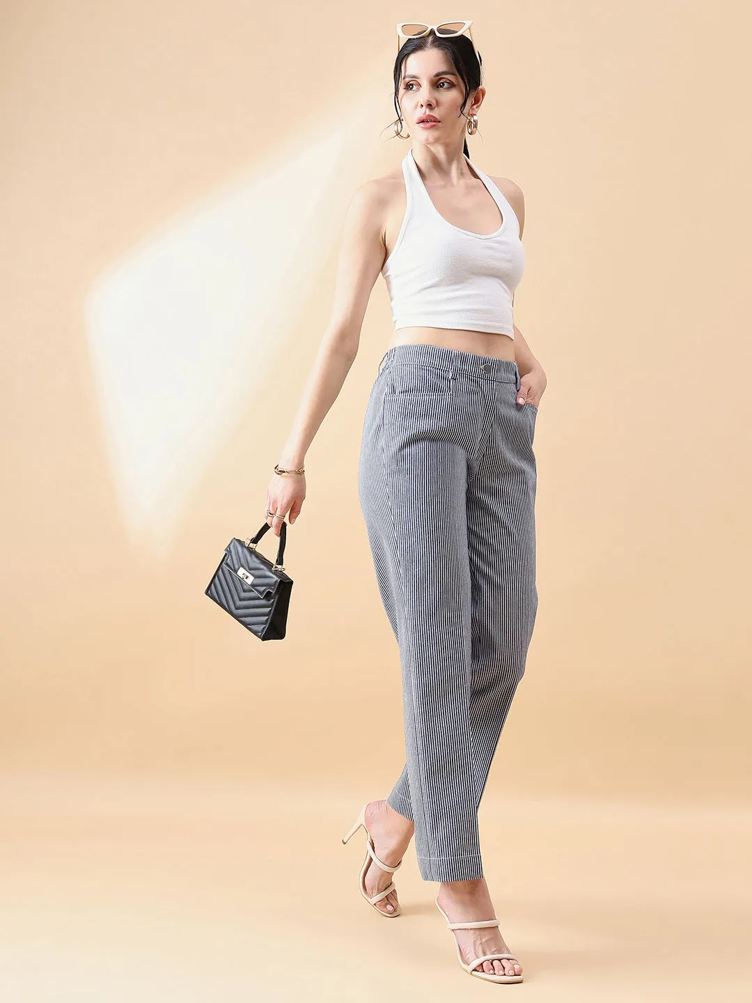 Navy Blue & White Polyester Denim Strip Straight Trouser