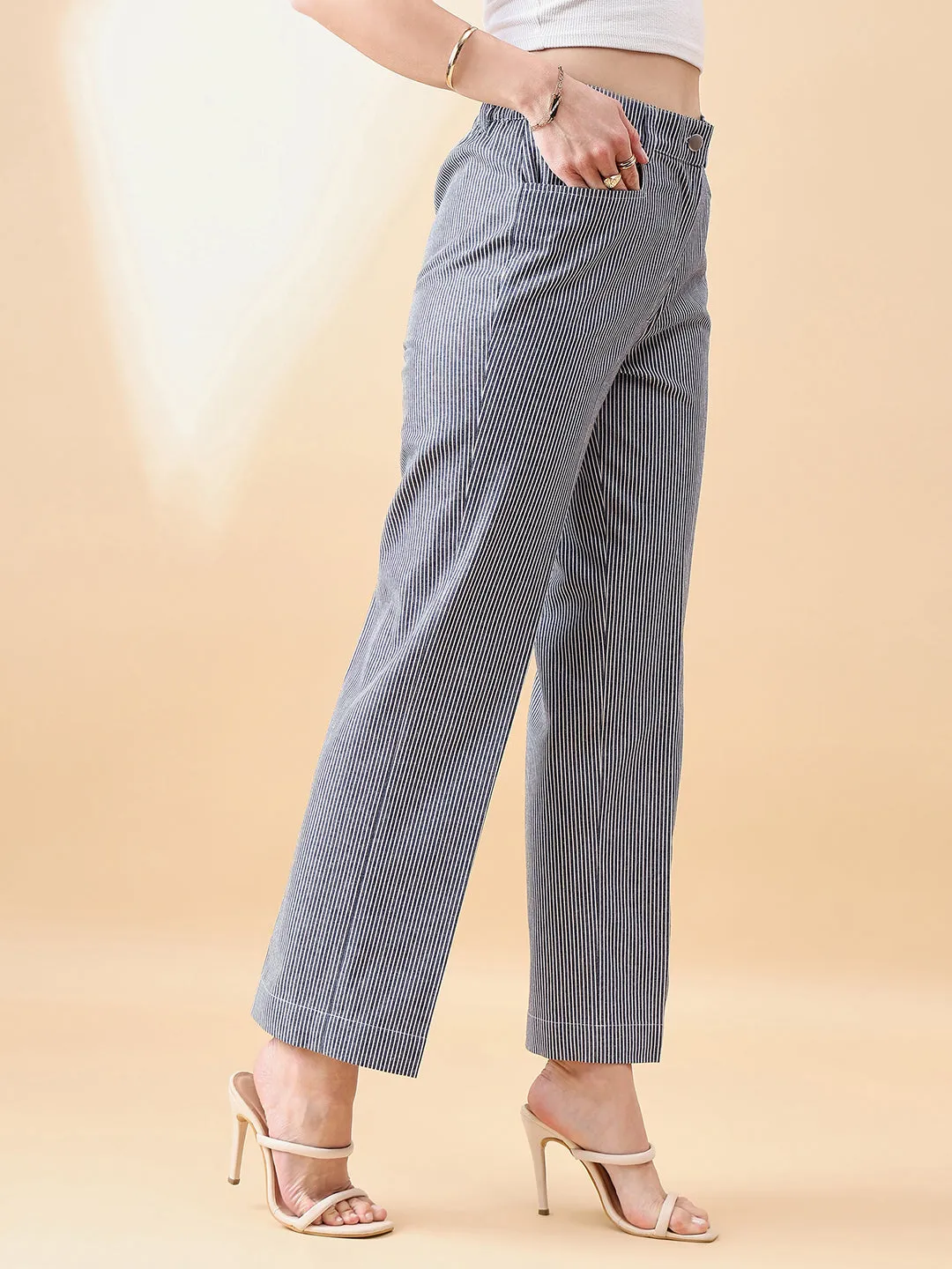 Navy Blue & White Polyester Denim Strip Straight Trouser