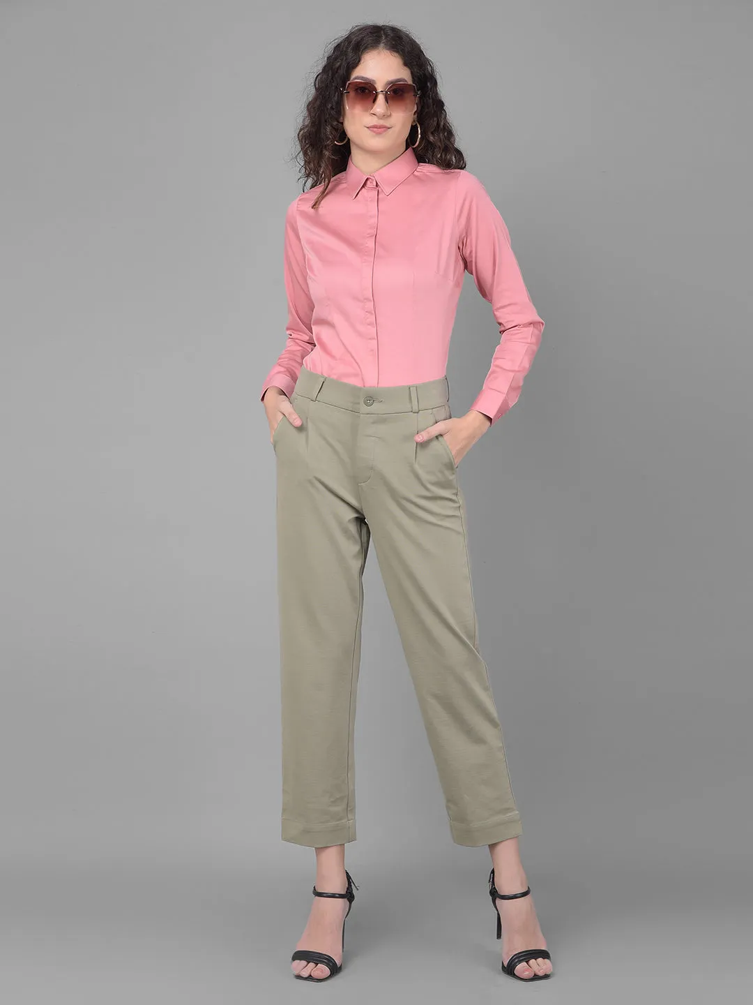 Olive Pleated Straight Trousers