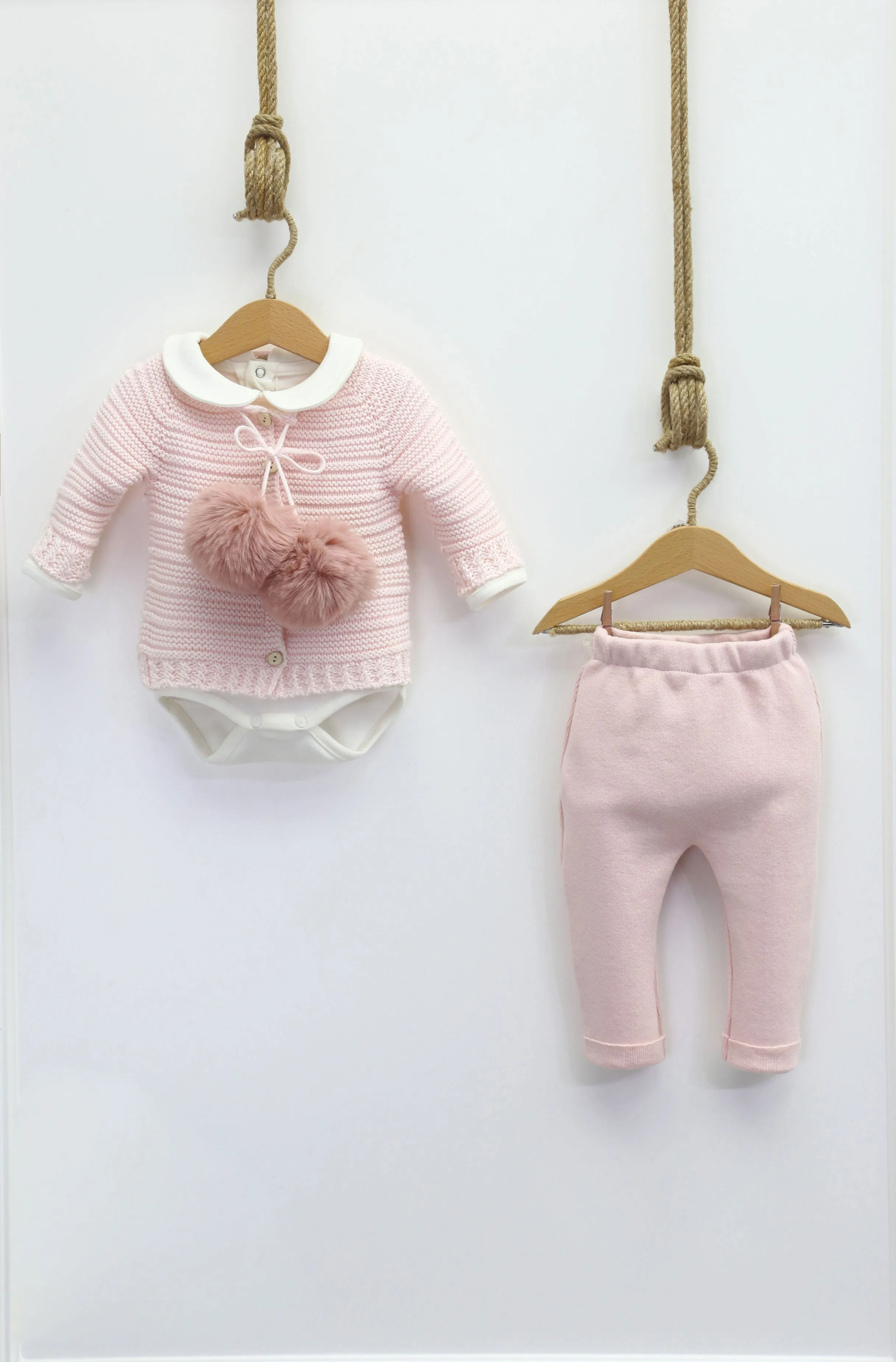 Pink knitted pompom 3 piece set(Cardigan,bodysuit,trousers)