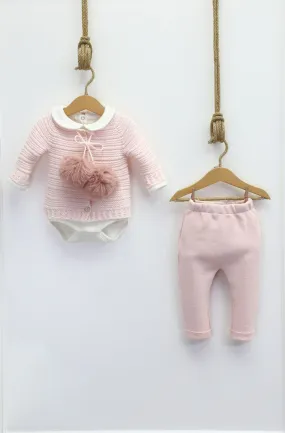 Pink knitted pompom 3 piece set(Cardigan,bodysuit,trousers)