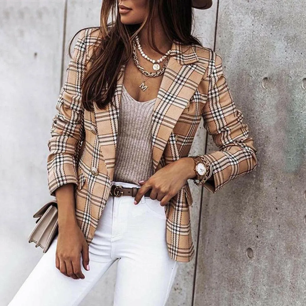 Plaid Blazer Jacket with Double Breasted Closure