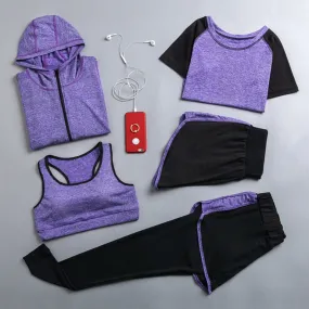 Quick dry 5 piece set yoga jacket t shirt bra shorts pants gym clothing