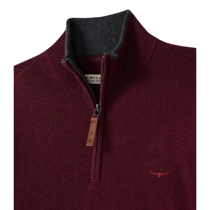 R.M.Williams Ernest Merino 1/4 Zip Mens Sweater - Burgundy