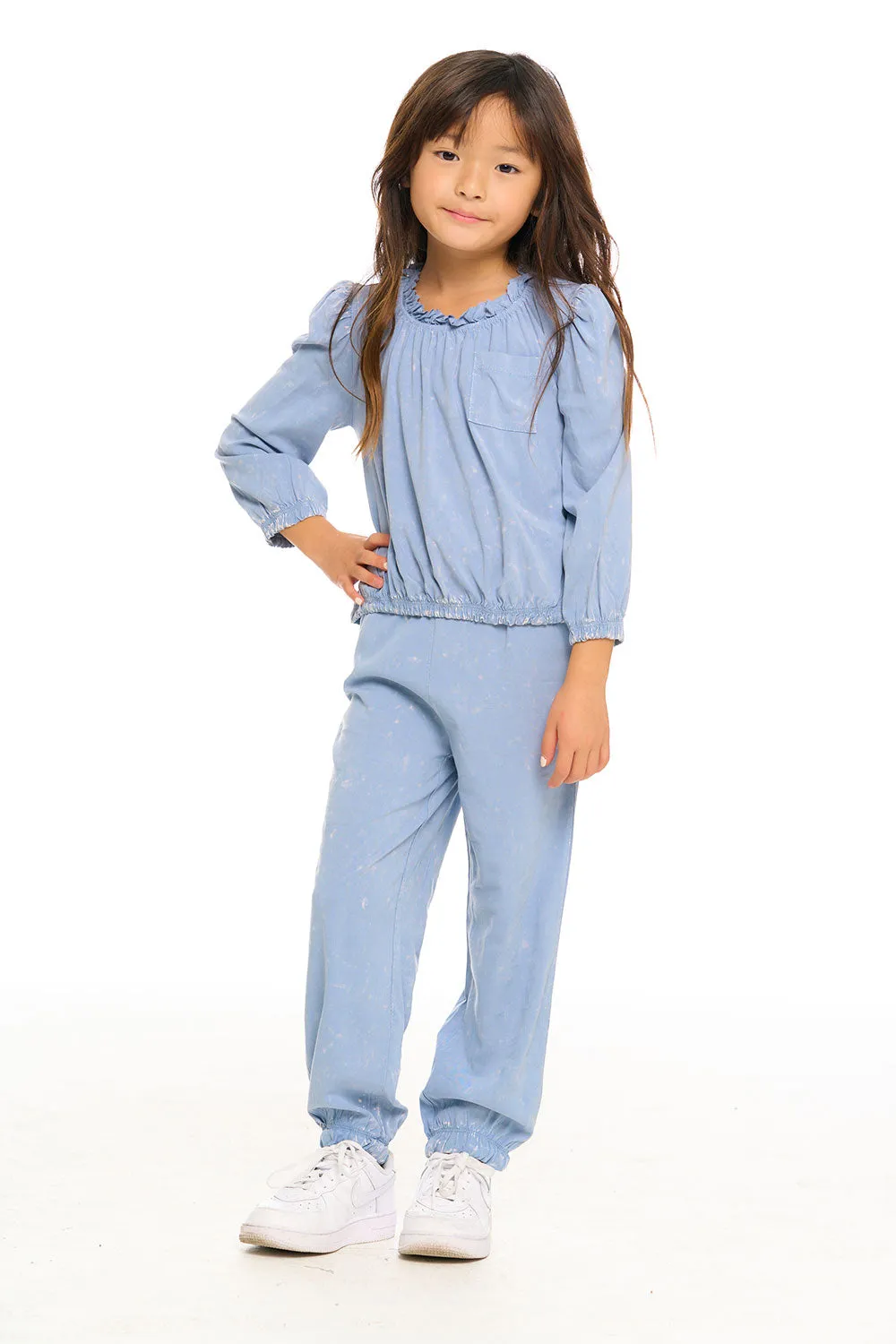 Ruffle Neck Pocket Shirred Tee