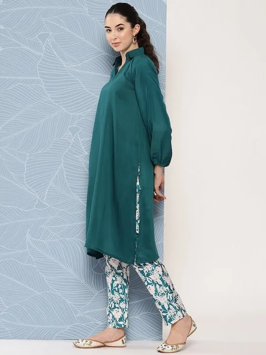Shirt Collar Puff Sleeves Kurta With Trousers
