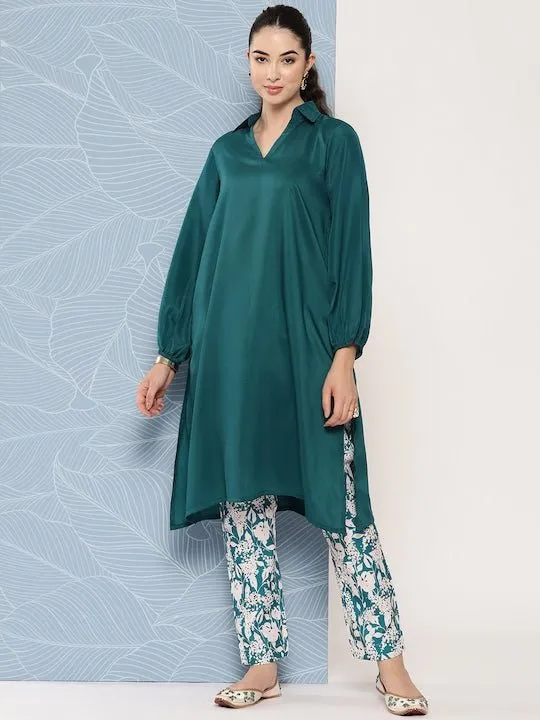 Shirt Collar Puff Sleeves Kurta With Trousers