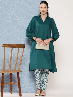 Shirt Collar Puff Sleeves Kurta With Trousers