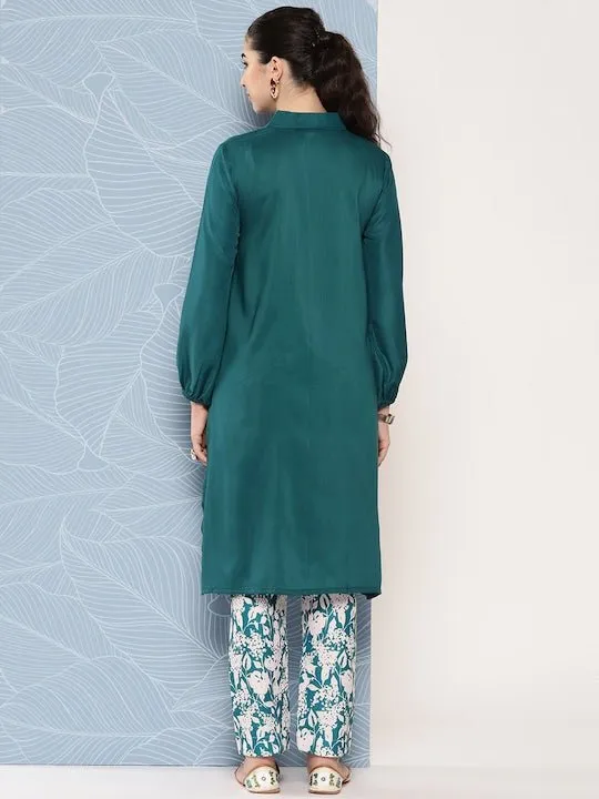 Shirt Collar Puff Sleeves Kurta With Trousers