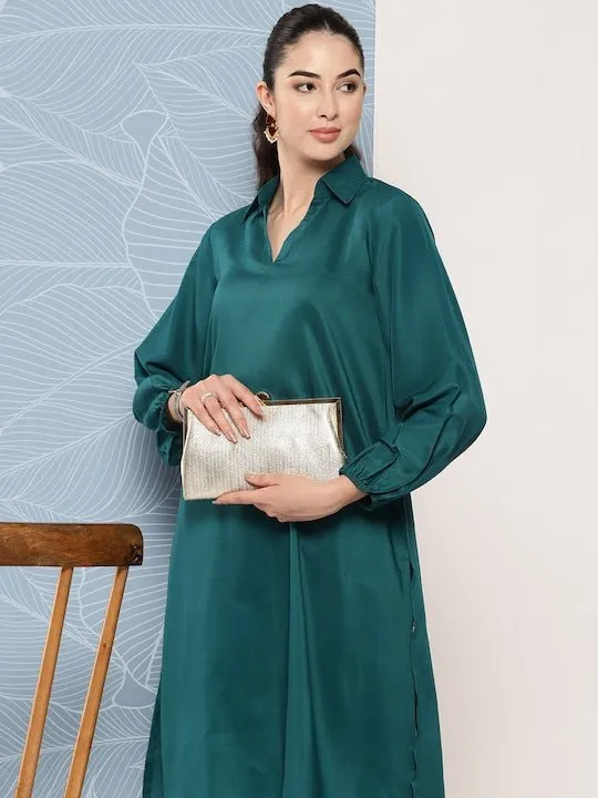 Shirt Collar Puff Sleeves Kurta With Trousers