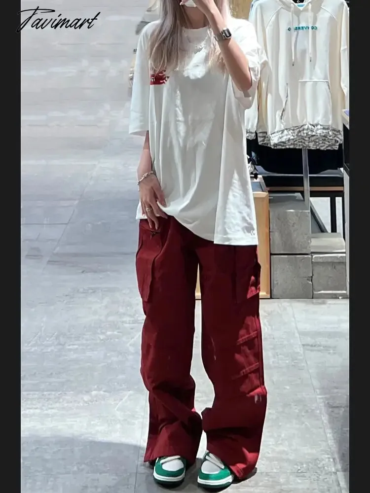 Tavimart Women Bottoms Red Vintage Baggy Cargo Pants Fashion Pocket High Waist Straight Pants High Street Wide Leg Trouser Ladies Summer