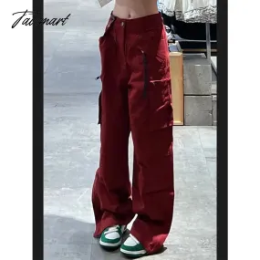 Tavimart Women Bottoms Red Vintage Baggy Cargo Pants Fashion Pocket High Waist Straight Pants High Street Wide Leg Trouser Ladies Summer