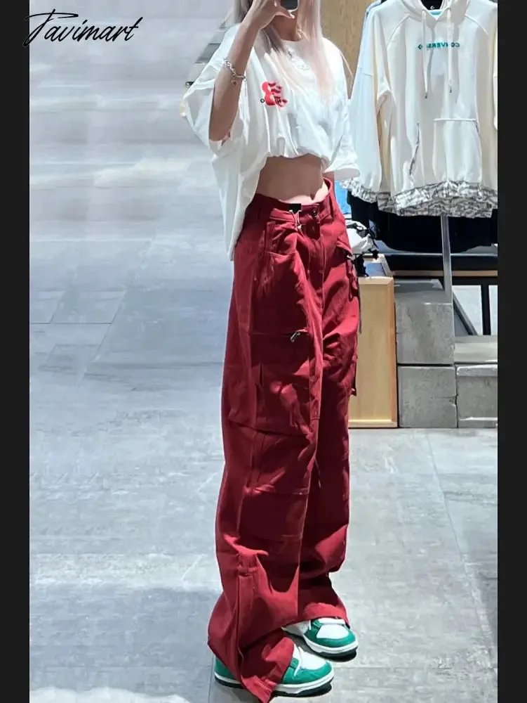 Tavimart Women Bottoms Red Vintage Baggy Cargo Pants Fashion Pocket High Waist Straight Pants High Street Wide Leg Trouser Ladies Summer
