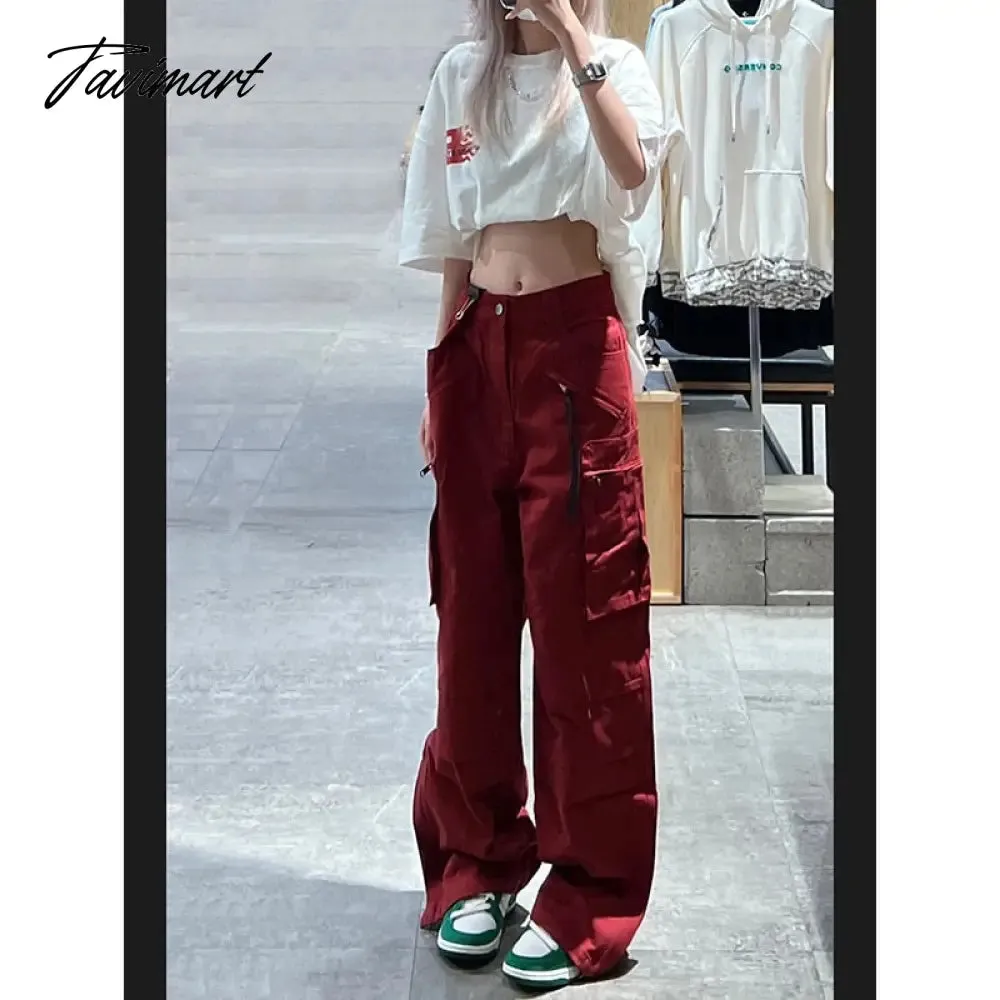 Tavimart Women Bottoms Red Vintage Baggy Cargo Pants Fashion Pocket High Waist Straight Pants High Street Wide Leg Trouser Ladies Summer