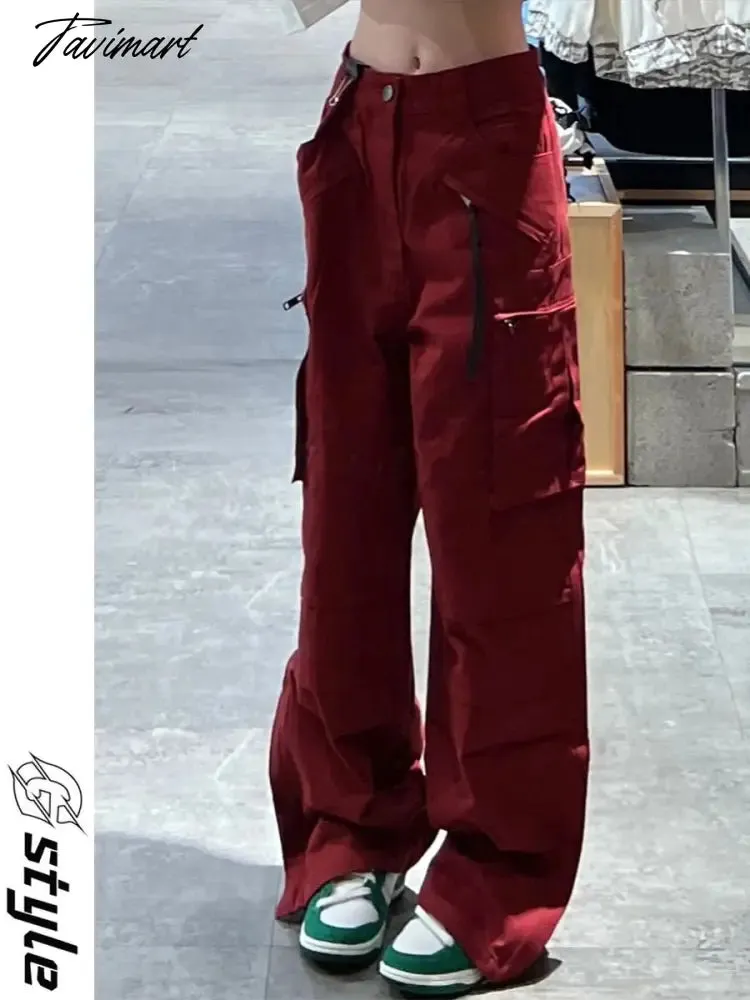Tavimart Women Bottoms Red Vintage Baggy Cargo Pants Fashion Pocket High Waist Straight Pants High Street Wide Leg Trouser Ladies Summer