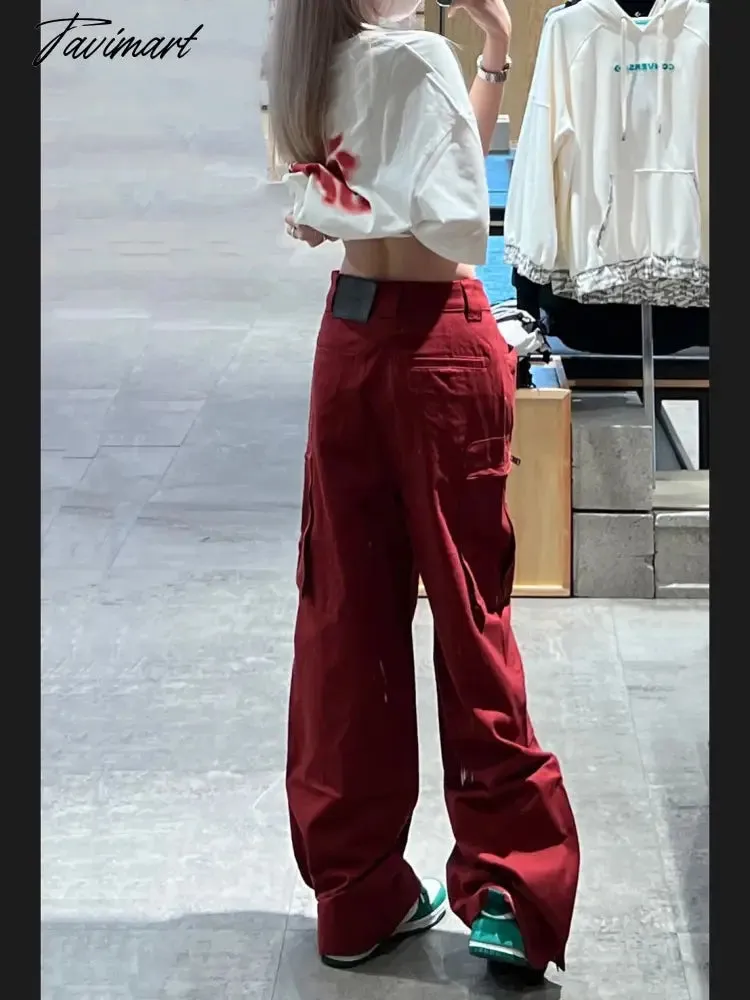 Tavimart Women Bottoms Red Vintage Baggy Cargo Pants Fashion Pocket High Waist Straight Pants High Street Wide Leg Trouser Ladies Summer
