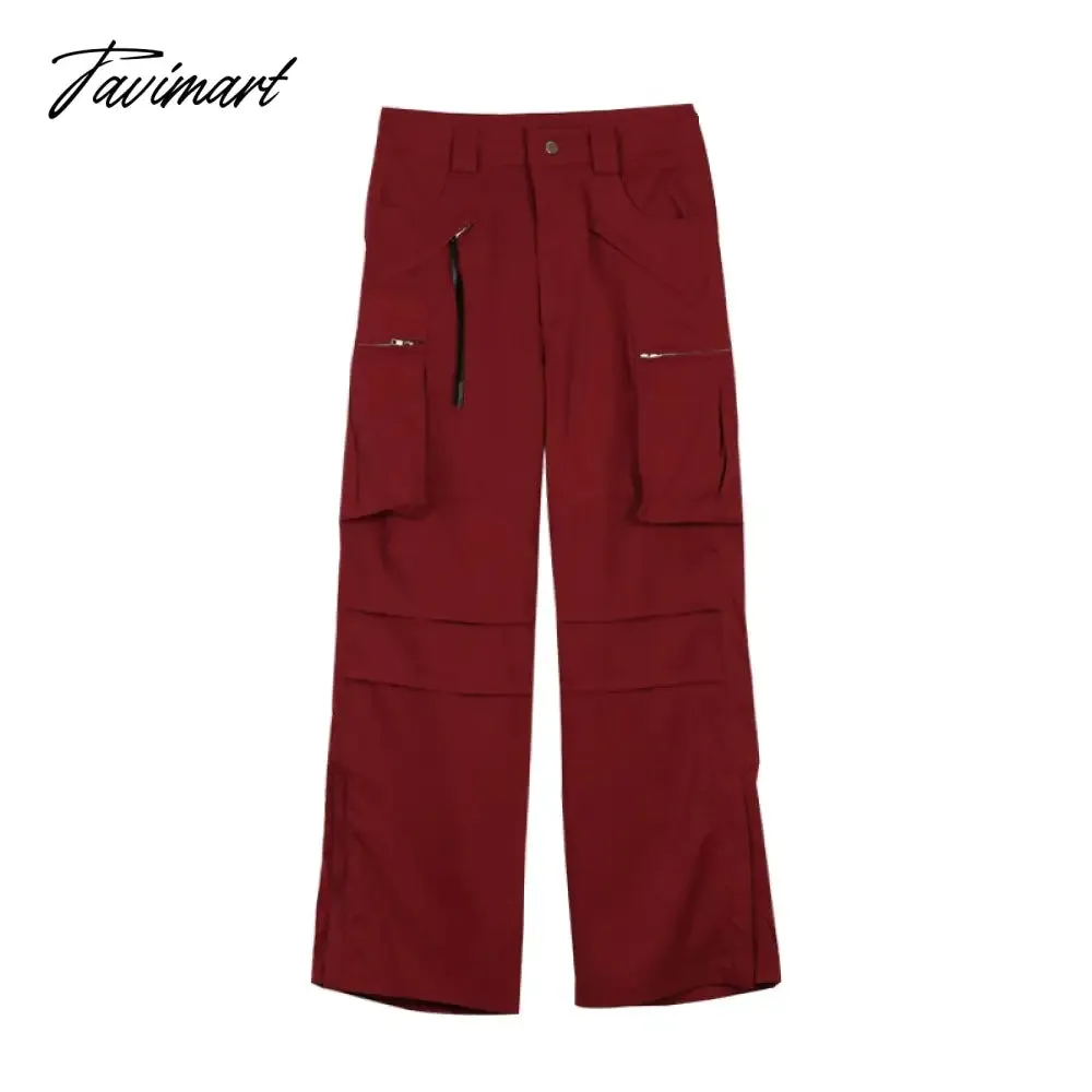Tavimart Women Bottoms Red Vintage Baggy Cargo Pants Fashion Pocket High Waist Straight Pants High Street Wide Leg Trouser Ladies Summer