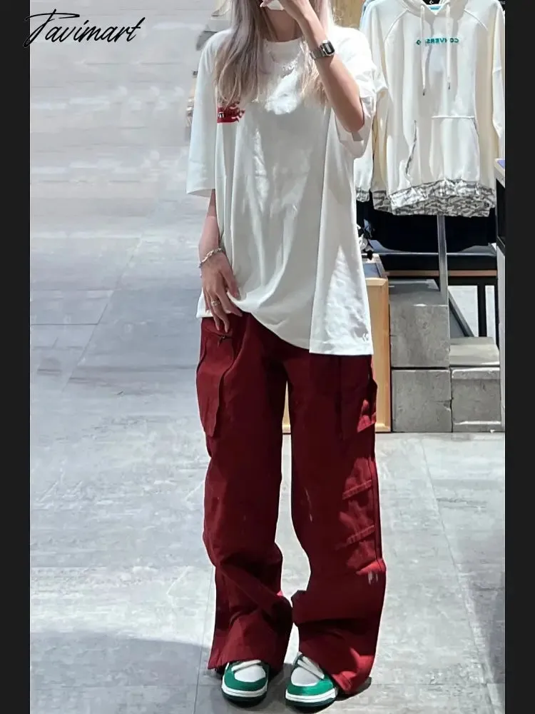 Tavimart Women Bottoms Red Vintage Baggy Cargo Pants Fashion Pocket High Waist Straight Pants High Street Wide Leg Trouser Ladies Summer