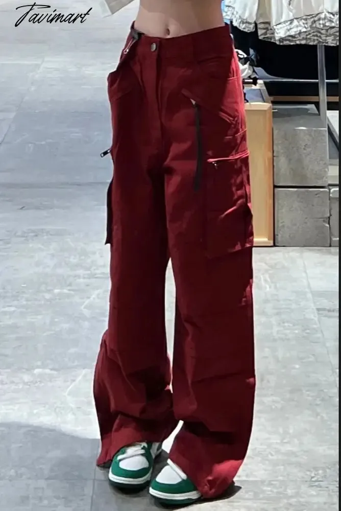 Tavimart Women Bottoms Red Vintage Baggy Cargo Pants Fashion Pocket High Waist Straight Pants High Street Wide Leg Trouser Ladies Summer
