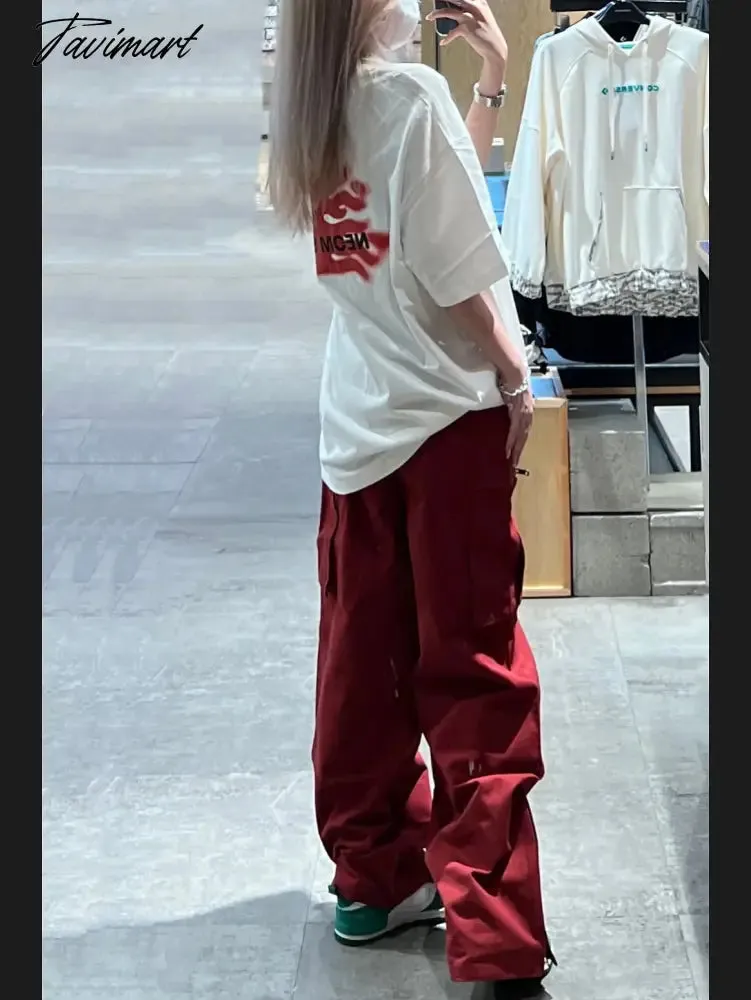 Tavimart Women Bottoms Red Vintage Baggy Cargo Pants Fashion Pocket High Waist Straight Pants High Street Wide Leg Trouser Ladies Summer