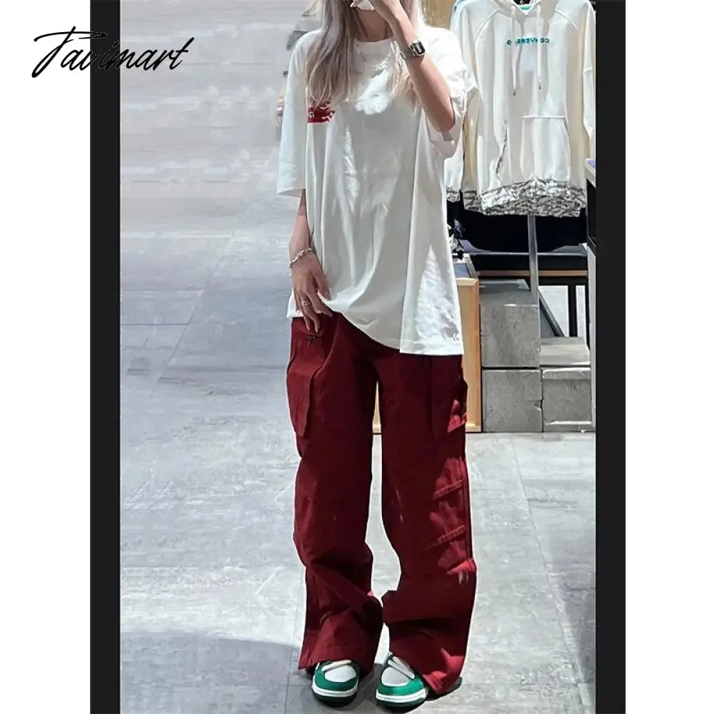 Tavimart Women Bottoms Red Vintage Baggy Cargo Pants Fashion Pocket High Waist Straight Pants High Street Wide Leg Trouser Ladies Summer