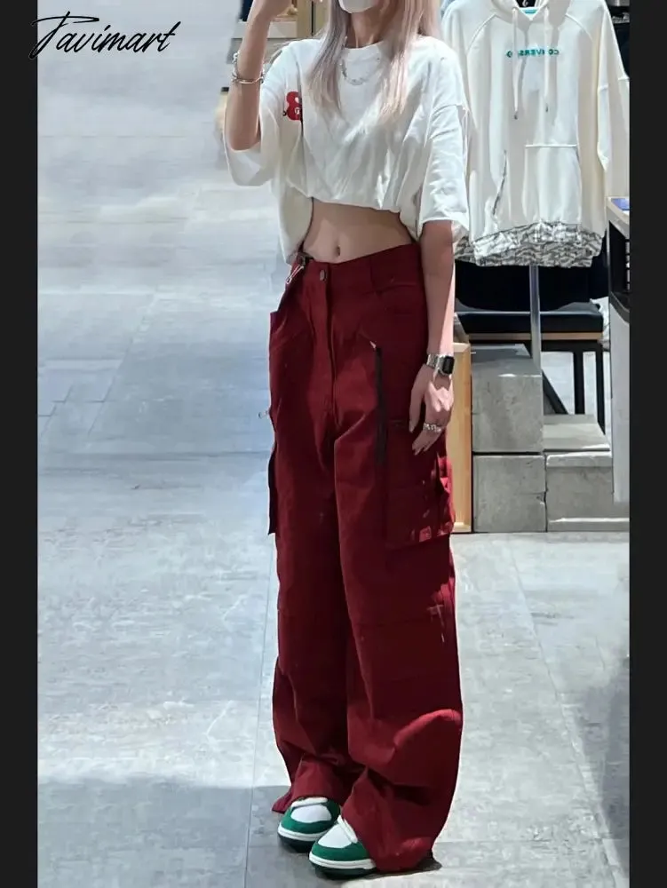 Tavimart Women Bottoms Red Vintage Baggy Cargo Pants Fashion Pocket High Waist Straight Pants High Street Wide Leg Trouser Ladies Summer