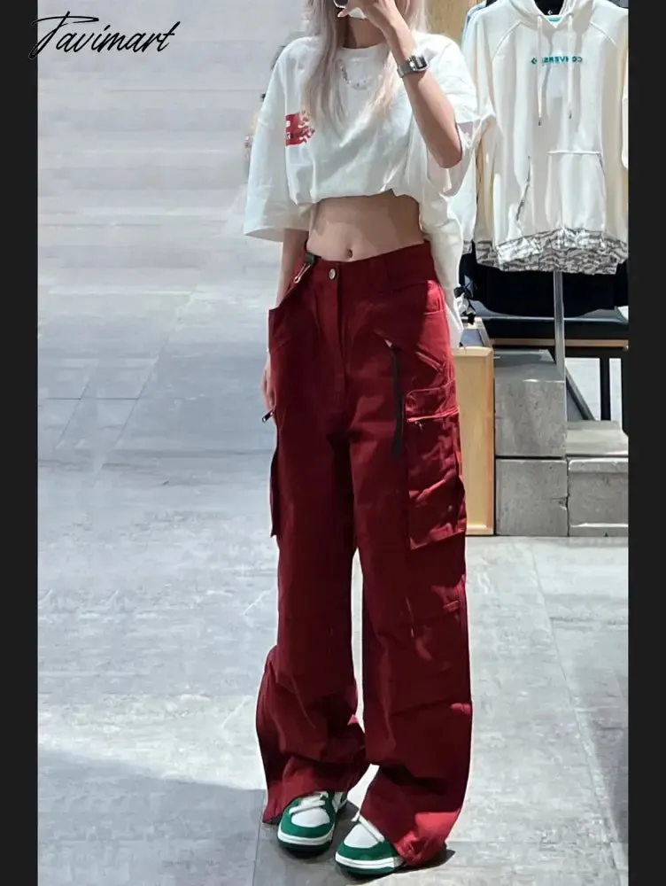 Tavimart Women Bottoms Red Vintage Baggy Cargo Pants Fashion Pocket High Waist Straight Pants High Street Wide Leg Trouser Ladies Summer